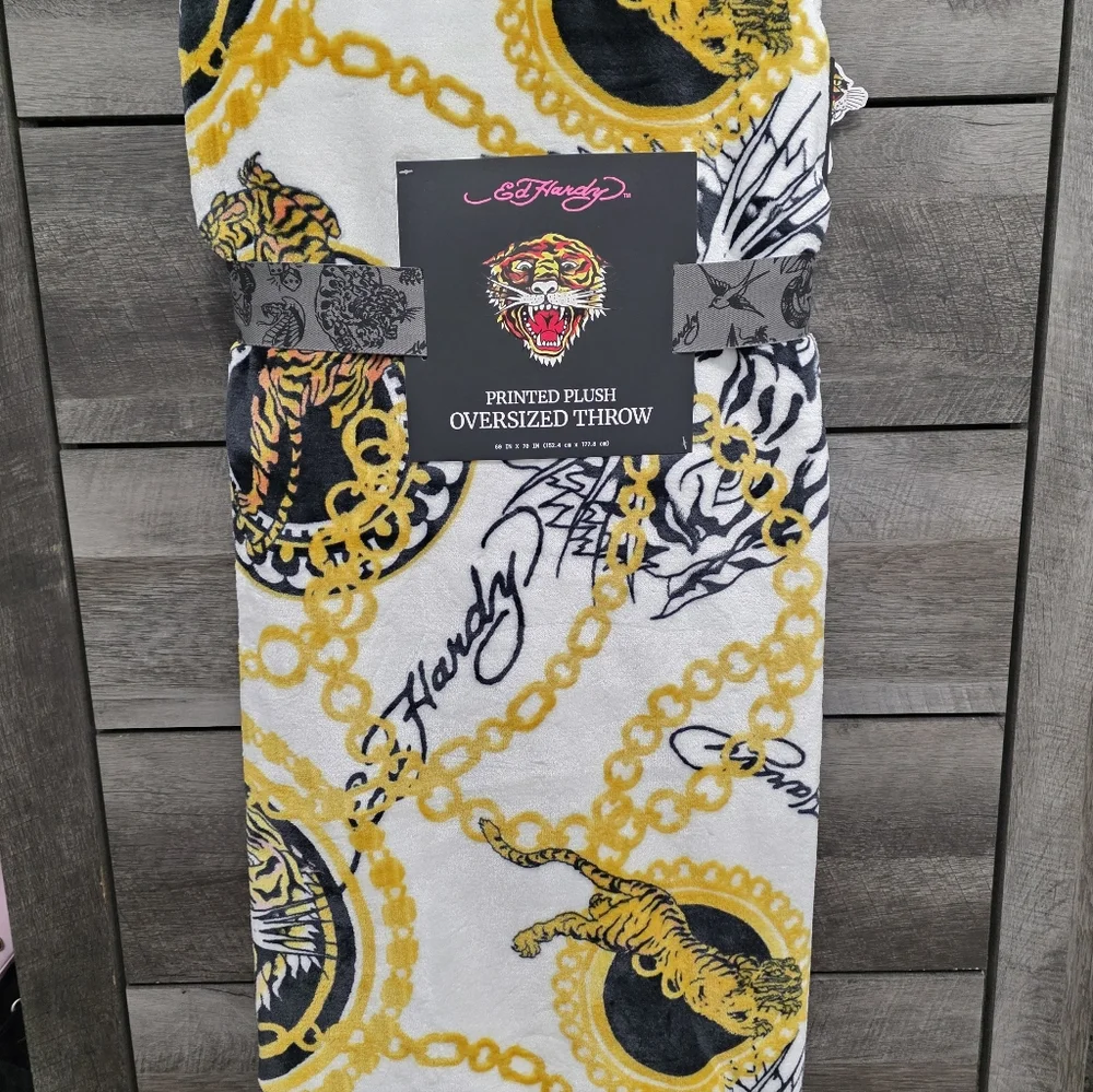 Ed Hardy Tiger Gold Chain Throw Blanket
